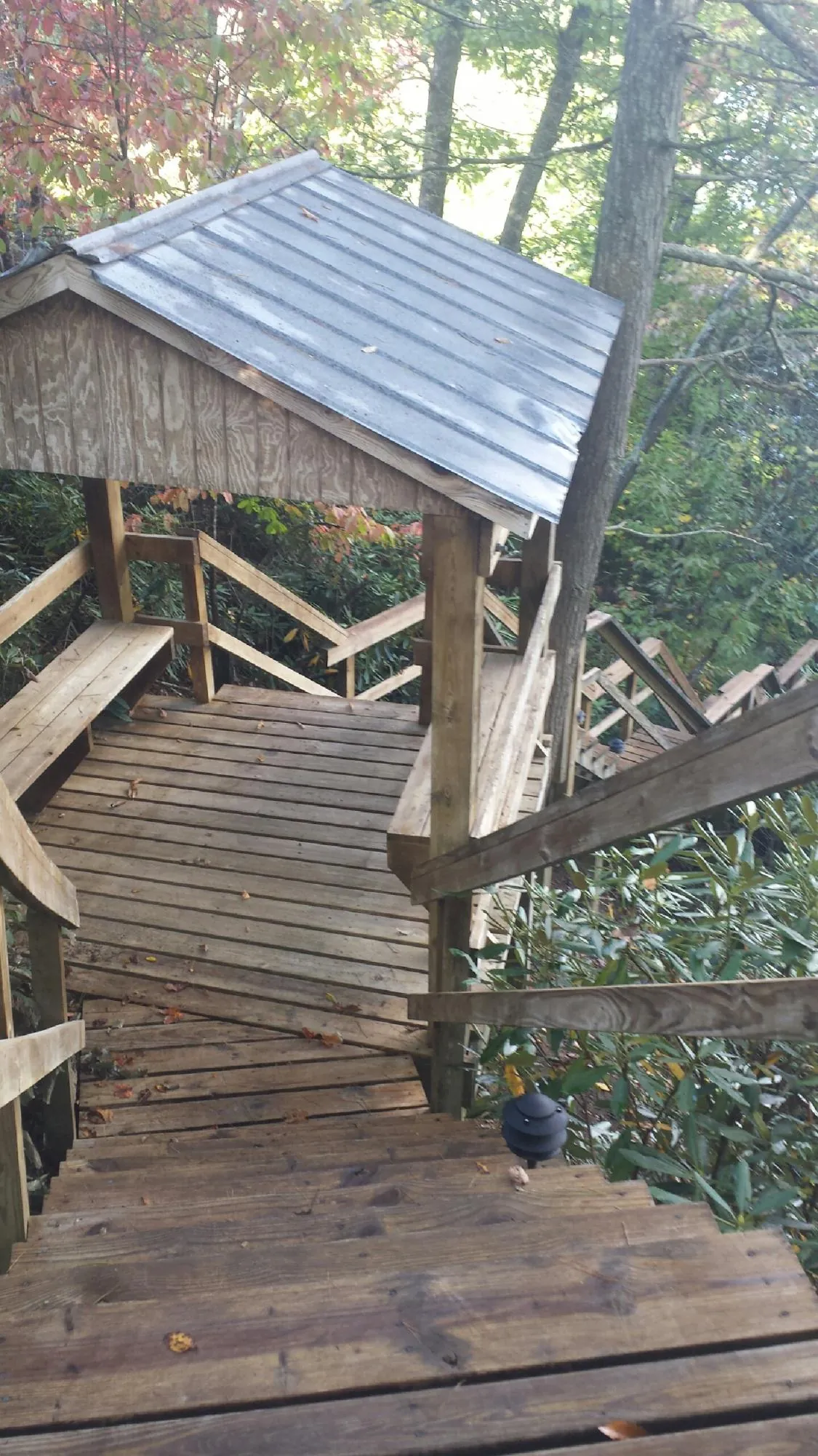 Metal roofed shelter over wooden steps on a wooded walkway — Skylight Repair & Installation work by our crew in Parkers Prairie